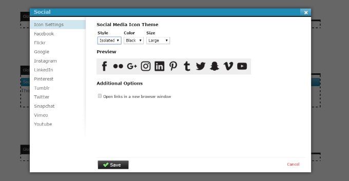 JavelinCMS Social Media Icons Module - Management Options