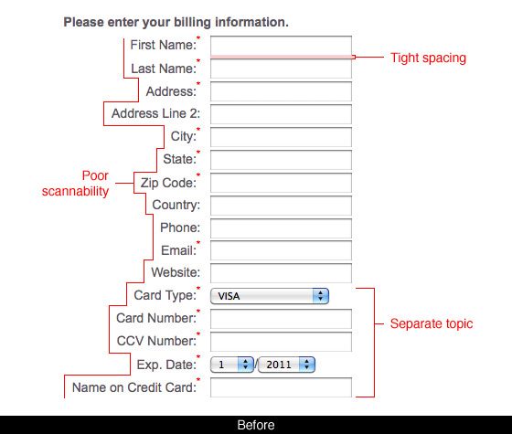 a billing information form, before changes