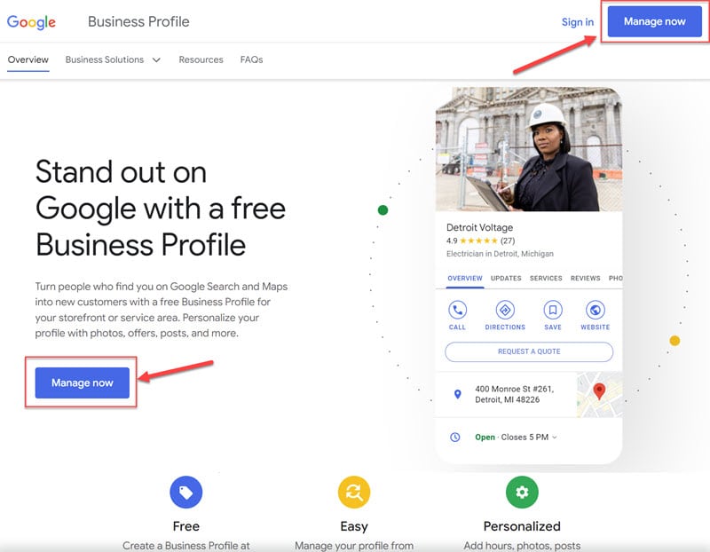 Google Business Profile Manager Mange Now Button