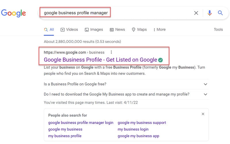 Google Business Profile Manager Search Results